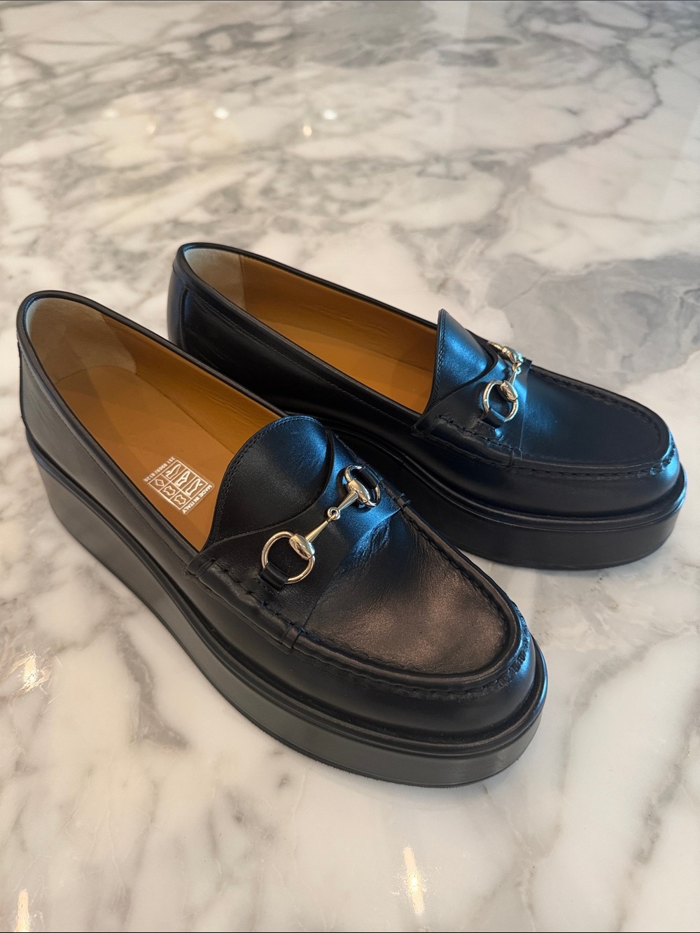 Gucci black Leather horse Bit Detail Platform wedge Loafers